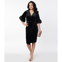 Hollywoodland Black Velvet Fifth Avenue Wrap Wiggle Dress Faux Fur Trim V Neck M - £69.45 GBP
