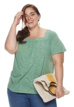 EVRI Women&#39;s Plus Size Textured Green Heather Square Neck Tee Top Sz 1X - £12.57 GBP