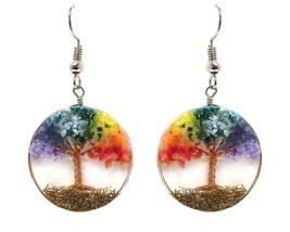 Tree of Life Crushed Chip Stone Inlay Copper Wire Round Clear Acrylic Dangle Ear - £11.86 GBP