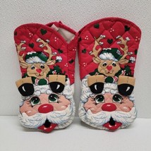 Vintage Christmas 3D Santa Claus &amp; Reindeer Oven Mitt Pot Holder Set Of 2 - £16.57 GBP