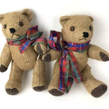 Vtg Burlap Teddy Bear Lot of 2 Jointed Arms Legs 10 inch tall Christmas holiday - $29.62