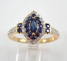 Marquise CZ Blue Sapphire Halo Engagement Ring 14K Yellow Gold Silver Plated - £88.64 GBP