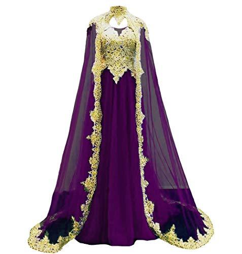 Gold Lace Tulle Vintage Long Prom Evening Dress Wedding Gown with Cape Purple 12