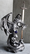 Stone Grey Dragon Holding Blue Orb and Drake Skull Sword Letter Opener Figurine - $109.99