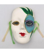 Mardi Gras Style Clay Mask Green Leaf Pattern Face 5 3/4&quot; x 4&quot; Ribbons - $13.99