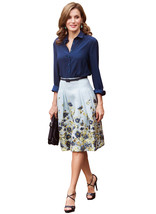 Royal Queen Letizia Style Navy Satin Blouse &amp; Floral High Waist Skirt Se... - $149.99
