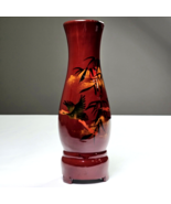 Vintage Wooden Hand Painted Vase Maroon Storks Bamboo Asian Metallic Acc... - $22.99
