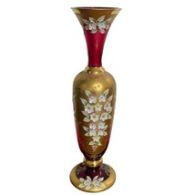 Vintage Bohemia Czech Cranberry Glass Vase Raised Flowers Gold Gilt 12.25” - £33.17 GBP