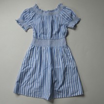 NWT J.Crew Smocked Puff-sleeve in Blue Cotton Poplin Stripe Dress XXS - £34.05 GBP