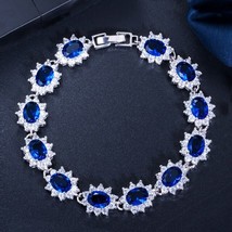 Vintage Royal Jewelry Silver Color Oval Blue Cubic Zirconia Flower Link Chain Br - £16.72 GBP