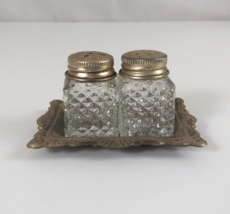 Vintage Mini Diamond Pressed Glassed With Tray Salt &amp; Pepper Shakers - $11.63