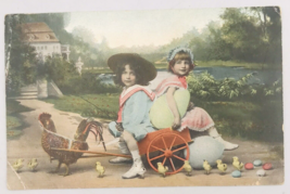 Antique 1908 TP &amp; Co Easter 2 Girls Pulled by Rooster w/ Chicks Postcard - £7.46 GBP