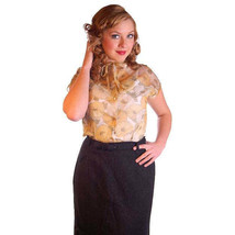 VTG Retro 50s Top Sheer Nylon Printed Blouse Gold Floral 36 Bust S Bow Tie - £33.72 GBP