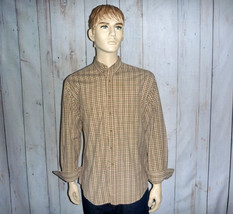 Club Room Men&#39;s Large Shirt Brown Plaid L/S All Cotton Button Down Collar - £21.85 GBP