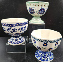 (3) Boleslawiec Polish Pottery Floral Octagnonal Footed Dessert Bowls Mi... - £46.62 GBP