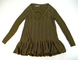 Free People Olive Green Ribbed Sweater V Neck Top Ruffled Hem Womens Size XSmall - £39.37 GBP