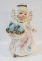 Vintage Lefton Ceramic January Birthday Angel 3332 w/ Purple Sash &amp; Blue Flowers - £19.97 GBP