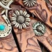 Brown Tooled Leather Keychains Bag Charm Style 3 Silver Sunflower - $13.86