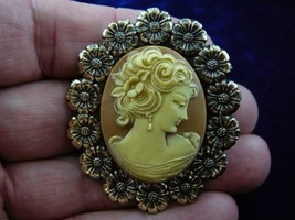 (cm5-19) LADY looking down flower hair tan ivory Cameo brass Pin Pendant brooch - £26.00 GBP