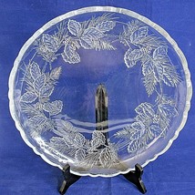 Vintage Glass Round Christmas Platter Clear Holly Leaves Scalloped Heavy... - $20.78