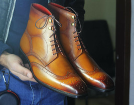 Handmade Men Tan Leather Wing Tip Brogue Lace Up Dress Boots, Men Designer Boots - £128.67 GBP