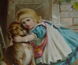 1800&#39;s Antique Victorian Christmas Card With Little Girl Hugging a Big Dog - $7.24