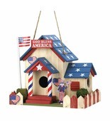 Patriotic Birdhouse Stars Stripes Flag Wood Fairy Patio Yard Garden Bird... - $32.75