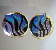 Vintage Laurel Burch Clip Earrings Goldtone Enamel Calla Lilly Turquoise Purple - £19.58 GBP