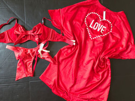 Victoria&#39;s Secret Unlined 34D,34DD,34DDD Bra Set+Panty+Robe Kimono Red Bow Love - £94.95 GBP