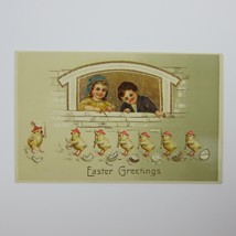 Easter Postcard Boy &amp; Girl Yellow Chick Marching Soldiers Gold Embossed ... - £7.84 GBP