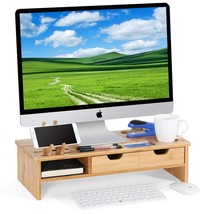 Monitor Stand Riser With Storage Organizer Drawers Bamboo, Natural Brown - £69.21 GBP