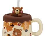 Whimsical Autumn Leaves Brown Bear Cub Ceramic Mug With Silicone Lid And... - $17.99