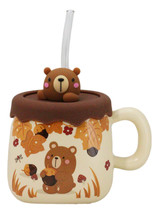 Whimsical Autumn Leaves Brown Bear Cub Ceramic Mug With Silicone Lid And Straw - $17.99