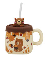 Whimsical Autumn Leaves Brown Bear Cub Ceramic Mug With Silicone Lid And... - €15,43 EUR