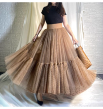 Brown Polka Dot Fluffy Tulle Skirt Outfit Women High Waist Plus Size Tulle Skirt image 8