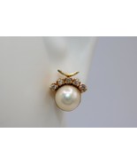 Vintage 10K Yellow Gold Pearl Stud Earrings with Diamonds - £257.14 GBP