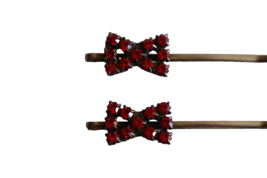 Vintage Bow Hair Bobby Pin Clip Silver Tone With Red Rhinestones 2.7” - £12.11 GBP