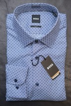 HUGO BOSS Uomo Hank Kent Slim Fit Blu Scuro Cotone Camicia 37 14.5 - £50.47 GBP