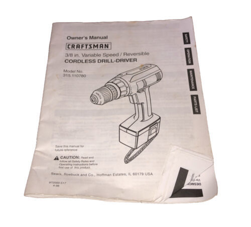 craftsman owners manual 3/8 In. Cordless Drill Model 315. 110780 - $6.80