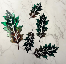 Green Marbled Metal Wall Veined Oak Leaves set of 5 leaves - $26.88