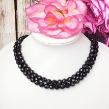 Vintage Jet Black Faceted Stone Bead Necklace Two-Strand 18&quot; Long Choker  - $24.95