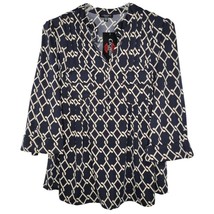 NWT Cocomo Plus Size 3X Navy Blue &amp; Tan Geo Print Pintuck 3/4 Sleeve Top - $31.49