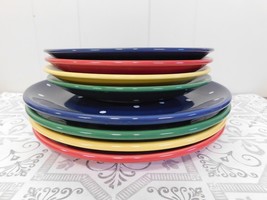 New Nordstrom Lot 8 Salad Dinner Plates Vintage Blue Red Yellow Green Dot - £78.84 GBP