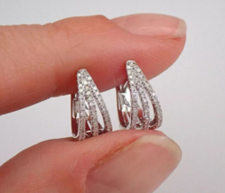 14K White Gold Plated 1.24Ct Real Moissanite Modern Design Huggies Hoop Earrings - $75.72