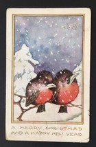A Merry Christmas and a Happy New Year Antique PC Robins on Branch Snowing - £7.10 GBP