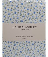 LAURA ASHLEY QUEEN 4PC Cotton Percale Chic Blue Flower Bessie Sheet Set NEW - £55.87 GBP
