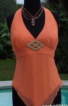 Cache Silk Wood Bead Embellished Lined Halter Top New Size 0/2/4 XS $118... - £41.77 GBP