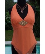 Cache Silk Wood Bead Embellished Lined Halter Top New Size 0/2/4 XS $118... - £41.82 GBP