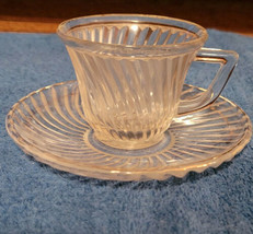 Vintage Clear Ribbed Glass Federal Demitasse Tea Cup Saucer 2" Swirl Deco - $10.99