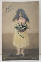 Hearty Wishes RPPC Young Girl With Flowers Hand Colored Postcard C11 - $4.95